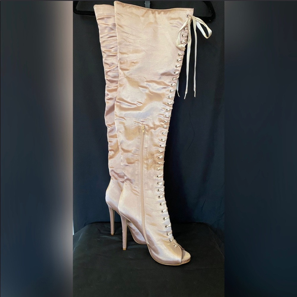 Pink Satin Thigh High Lace Up High Heel Boots